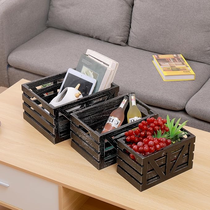 Storage Crates Nesting Wooden Boxes 3 Pack,Wood Storage Crates with Handles,Rustic Farmhouse Crates,Wooden Storage Container for Display