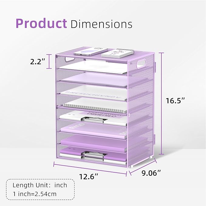 DALTACK 9-Tier Paper Organizer for Desk, Mesh Letter Tray Desk Organizer with Handles, Space-Saving File Organizer for Office Home School, Purple