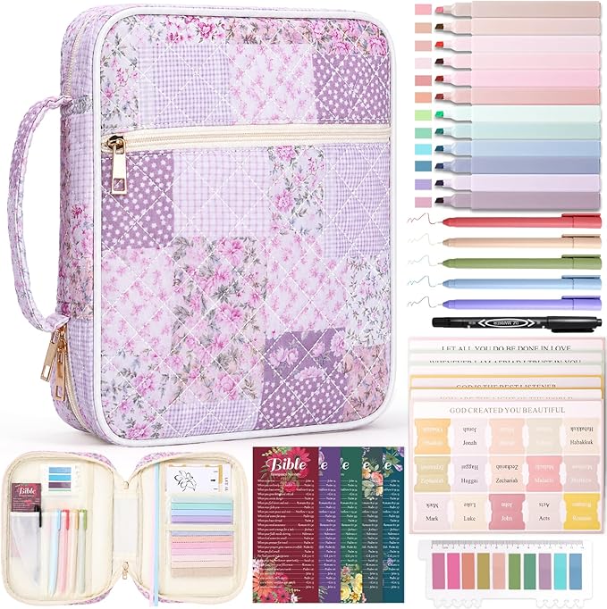 XKDOUS Bible Cover for Women Church Book Holder Quilted Carrying Case with Handle, Tabs, Study Supplies Portable Bible Bag Journaling Kit Christian Gifts for Mom Lady