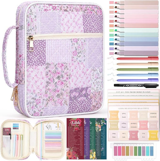 XKDOUS Bible Cover for Women Church Book Holder Quilted Carrying Case with Handle, Tabs, Study Supplies Portable Bible Bag Journaling Kit Christian Gifts for Mom Lady