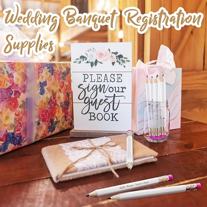 Crtiin 50 Pcs Bridal Shower Pencils Half Golf Wedding Pencils with Eraser 4 Inch Short Pocket Pre Sharpened for Wedding Game Bridal Shower Presents Classroom School(White and Rose Red)