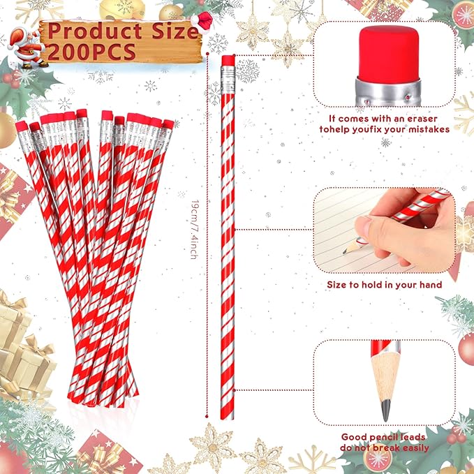 Queekay Christmas Gift Candy Cane Prism Pencils Bulk for Classroom Toppers Xmas with Erasers Cute Writing Pencils for Teacher Rewards Stocking Stuffers Supplies(200 Pieces)