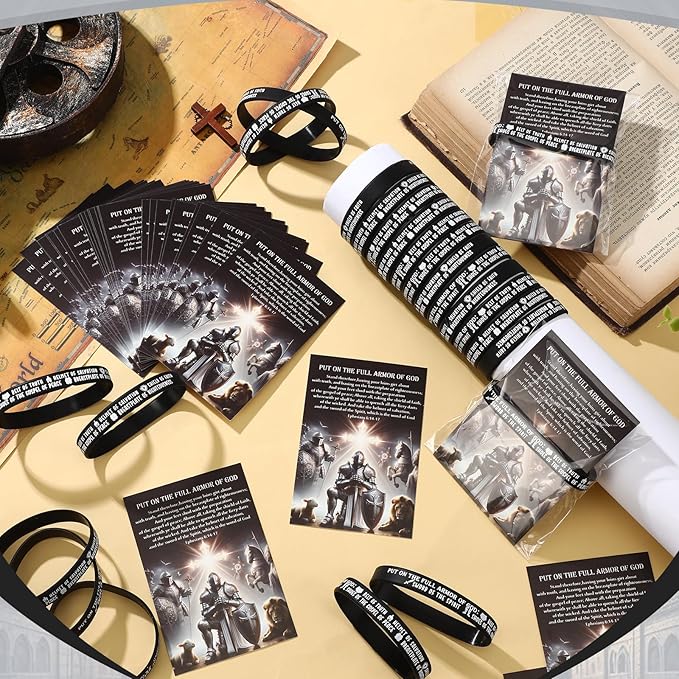 Wavwavw 60 Sets Put on The Full Armor of God Gifts Bulk Christian Pastor Bible Verse Wristband Bracelets Bookmarks Templar Knight Religious Supplies for Sunday School (Black)