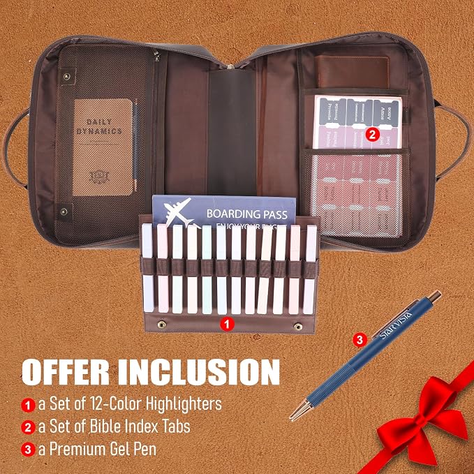 STAR VISTA Benedictus Full Grain Leather Bible Cover, Church Book Bag with Detachable Highlighter Panel, 12-Color Highlighter Set, Gel Pen & Bible Index Tabs Included