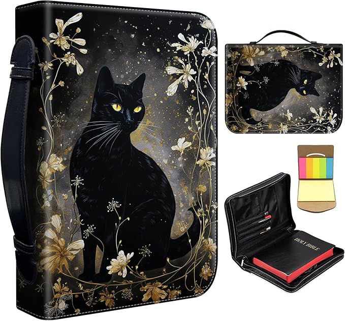 Bible Cover for Men Women,Large Leather Bible Case Fit Book Up to 11x8x2 Inch,Black Cat with Gold Floral Bible Covers Bible Study Carrier Church Bags w/Handle & Zipper