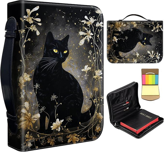 Bible Cover for Men Women,Large Leather Bible Case Fit Book Up to 11x8x2 Inch,Black Cat with Gold Floral Bible Covers Bible Study Carrier Church Bags w/Handle & Zipper