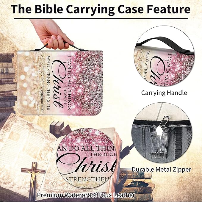 Bible Cover Case for Women Men,Large Leather Bible Case Fit Book Up to 11x8x2 Inch,I can do All Things Through Christ Bible Covers Bible Study Carrier Church Bags w/Handle Zipper