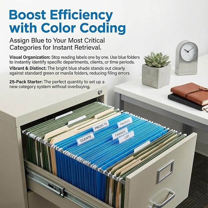 VZCPYTPM 25 Pack Hanging File Folders Letter Size,Blue Reliable Hanging Folders for Filing Cabinet,Reinforced Rods for Smooth Gliding,Includes 1/5 Adjustable Tabs & Inserts,Ideal for Home & Office