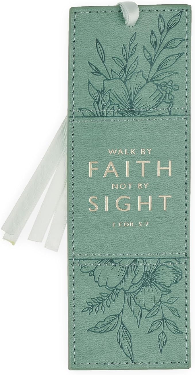 Christian Art Gifts Premium Vegan Leather Encouraging Scripture Bookmark for Women: Walk by Faith Inspirational Bible Verse, Smooth Satin Ribbon, Sturdy Debossed Floral Reading Accessory, Teal & Gold