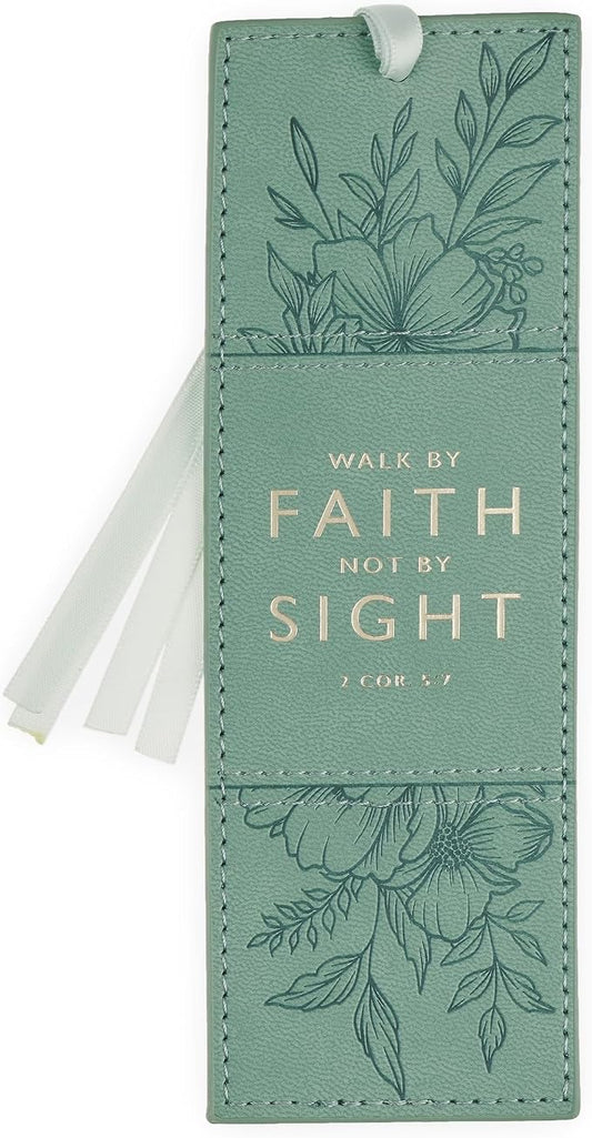 Christian Art Gifts Premium Vegan Leather Encouraging Scripture Bookmark for Women: Walk by Faith Inspirational Bible Verse, Smooth Satin Ribbon, Sturdy Debossed Floral Reading Accessory, Teal & Gold