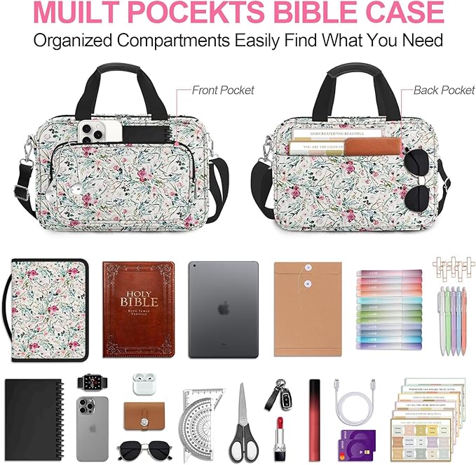 Pink Floral Bible Cover Case for Women, Cute Flower Large Bible Bag Book Carrying Bag with Strap Handle Zipper Pockets, Pens and Highlighters Cross Clips for Bible Study & Church