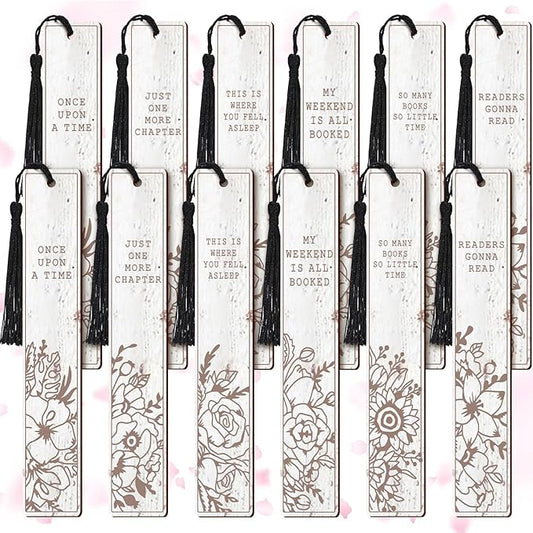 Colarr 12 Pcs Wood Bookmarks for Woman Book Club Gift for Book Worms Books Lovers Bookmarks Bulk with Tassels for Reading Party Favors Books Exchange Club Men & Women Friends