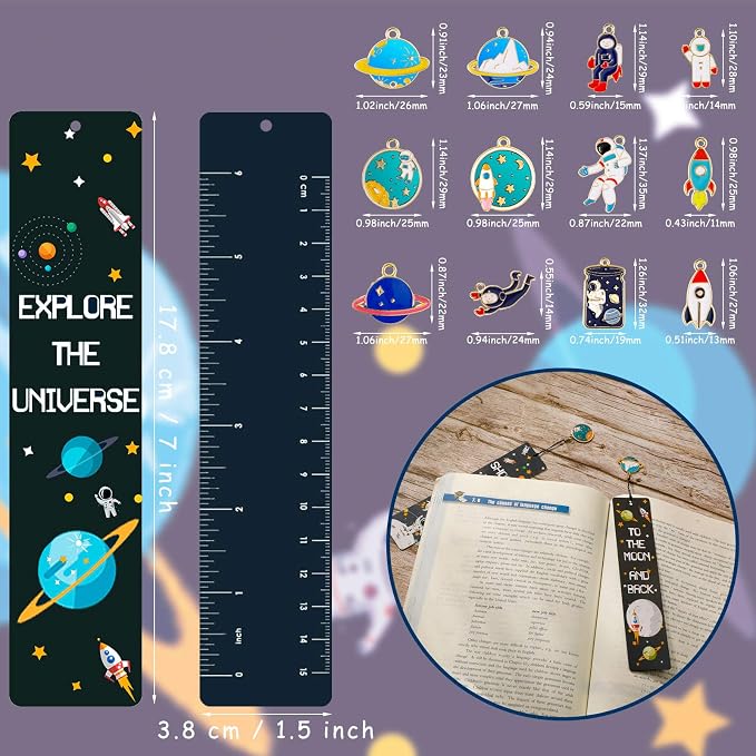 24 Pack Space Bookmarks Bulk for Kids, Outer Space Themed Party Favors, Astronaut Rocket Planet Galaxy Theme Birthday Party Favors, Bookmarks with Metal Charms for Boys Girls, Classroom Rewards Gifts