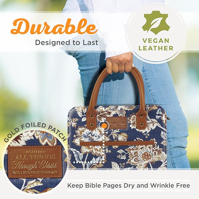 Christian Art Gifts Fashion Vegan Leather Purse Style Bible Cover Case for Women: All Things Through Christ Gold Inspirational Scripture, Pen Loops, Two Handles, Pockets, Navy & Brown Floral, Large