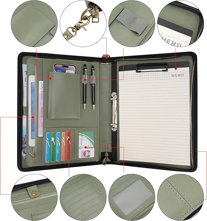 Wason A4 Portfolio with Zipper - Leather PU Padfolio with Detachable Ring Binder and Writing Notepad Holder, Conference File Multi-Pockets Organizer for Office Travel School (Green)