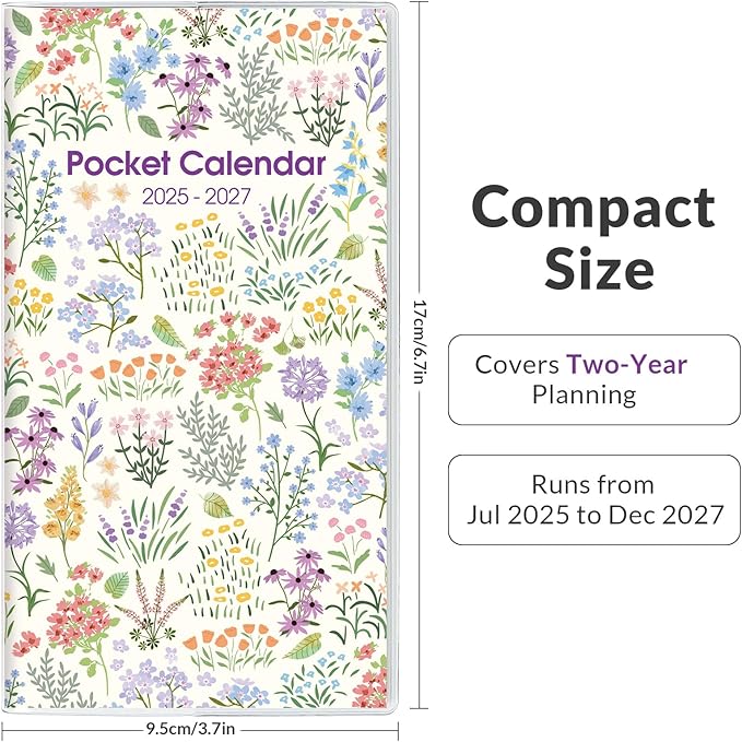 Phyxin Pocket Calendar, Pocket Planner - Runs From Jul 2025 Until Dec 2027, Small Calendar - 6.7" x 3.7", Calendar Planner for Women, Teacher, Students, Purple Flowers