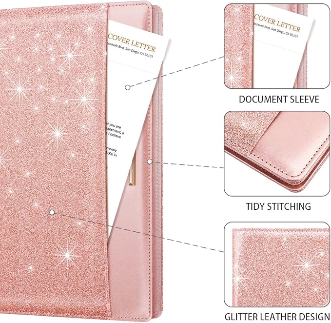Glitter Pink Padfolio/Resume Portfolio Folder for Women Girls, WAVEYU Cute Chic Padfolio Cover Folder, Conference/Legal Document Organizer with Letter/A4 Size Clipboard, Document Sleeve, Rose Gold
