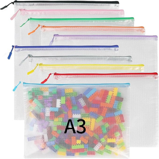 MultiBey 10 Pack 10 Colors Mesh Zipper Pouch Bags, A3-16.5 x 11.4 Inch Extra Large Mesh Document Bags Waterproof Zipper File Pouch Pouch for Office Supples, Puzzles & Games Organizing Storage