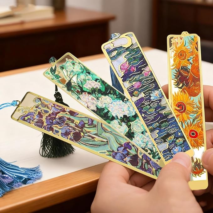 4 Pieces Floral Oil Painting Metal Bookmarks with Tassel,Elegant Book Markers for Readers,Vintage Style Reading Accessories,Gift Set for Book Lovers (4)