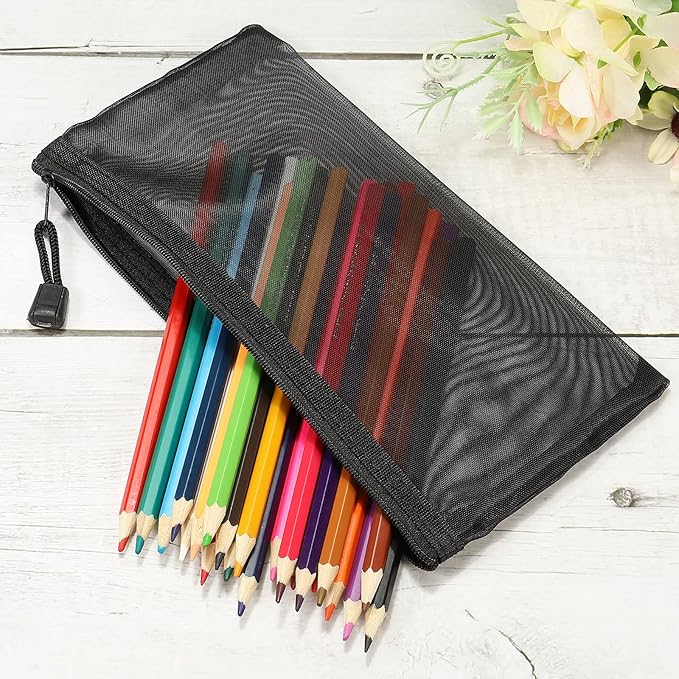 MECCANIXITY Mesh Zipper Bags, B6 Nylon Zip Pouch Pencil Case Storage Pockets for Travel Office Accessories, Black Pack of 6