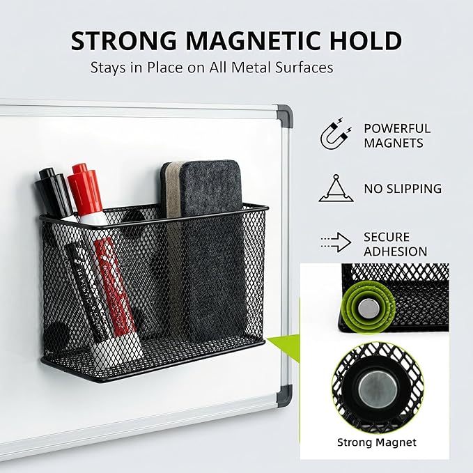 Neudeco Magnetic Locker Organizer and Accessories, Wire Mesh Magnetic Storage Basket, Magnetic Holder for Dry Erase Markers, Strong Magnet Pen Holder for Fridge School, Black, Pack of 6