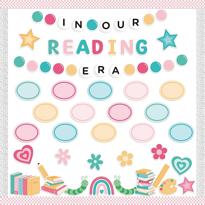 133Pcs Back to School Reading Bulletin Board Classroom Decoration, in Our Reading Era Cutouts Border Trims Bookworm Name Tags Back to School Party Supplies Classroom Chalkboard Wall Door Decor