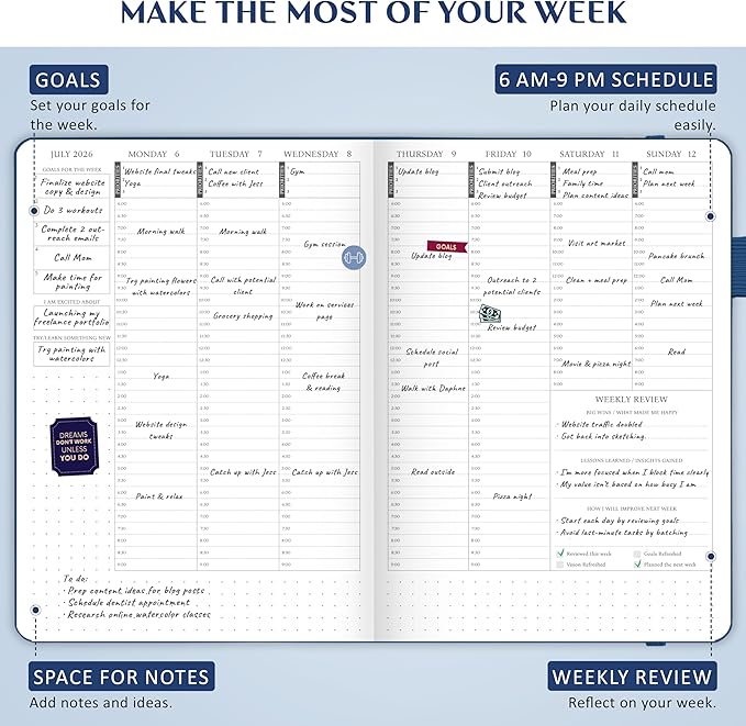 Legend Dated Hourly Weekly Planner 2026 – Daily, Monthly & Yearly Agenda with Time Slots – Hardcover Organizer Journal, 5.8x8.3” (Mystic Blue)