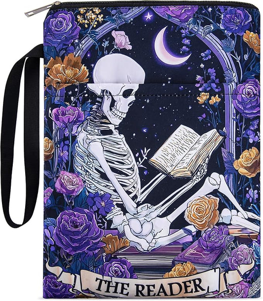 Gothic Skeleton Book Sleeve - Floral Books Covers Protector with Zipper and Pocket for Paperbacks Reading Lover Accessories Birthday Halloween Christmas Gift for Women Teacher Student