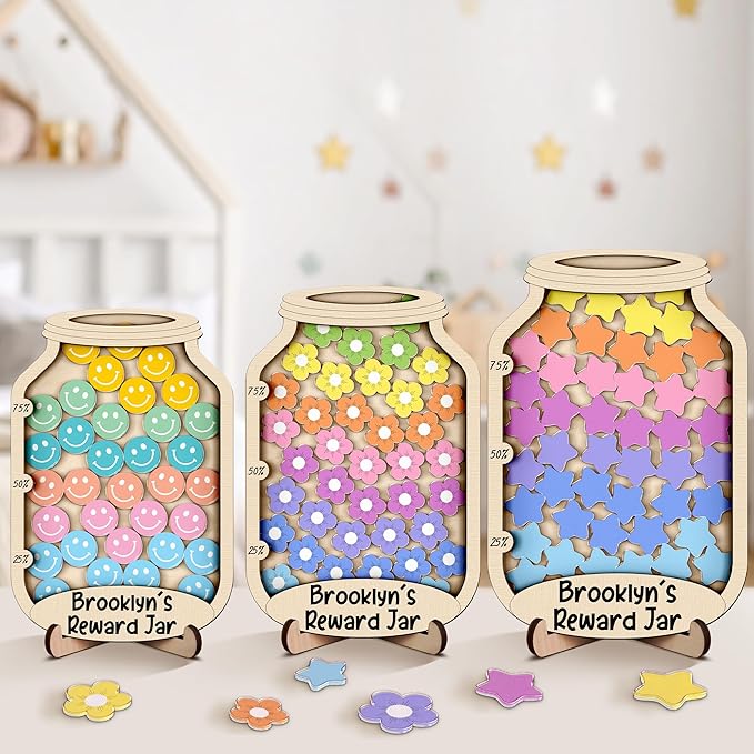 Personalized Magnetic Reward Jar Coloful for Kids Flower Smiley Star Animal Magnetic Token Good Behavior System Jar Custom Name Potty Training Chart Classroom Incentive & Positive Reinforcement Tool