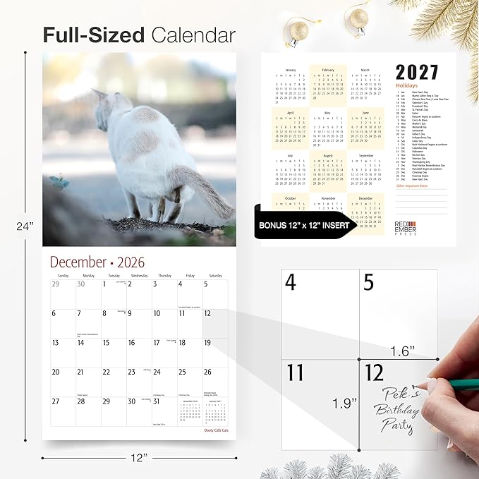 RED EMBER Funny Dooty Calls Cats 2026 Wall Calendar 12 Months | 12" x 24" Open | Thick & Sturdy Paper | Giftable | White Elephant Gifts for Adults Kitten Cat Calendar 2026