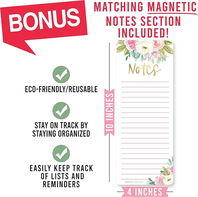 Hadley Designs - Floral Dry Erase Board Calendar for Fridge, Wall - Magnetic Notepad