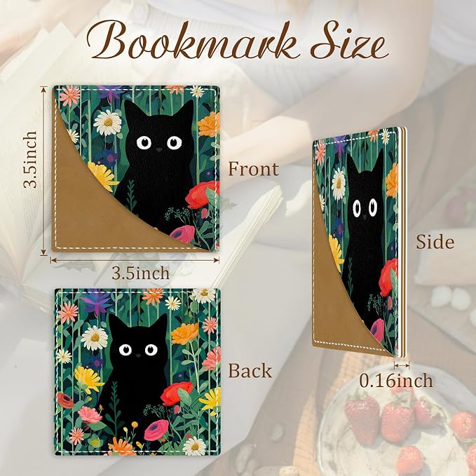 Icycay Cute Black Cat Floral Corner Bookmarks, Funny Leather Book Accessories for Book Lovers, 3 Pcs Reading Book Page Markers for Women Men Student Teacher Girls Boys Retirement Birthday Gifts