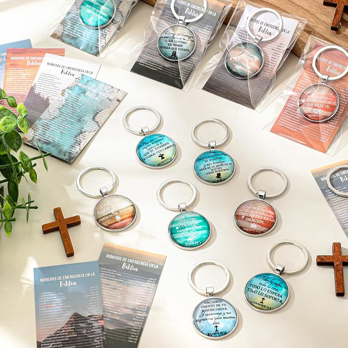 Junkin 25 Set Fathers Day Church Gifts Spanish Christian Gifts Bulk for Men Bible Verse Keychain Religious Bible Emergency Numbers Bookmark Christian Party Favor Women Men(Landscape)