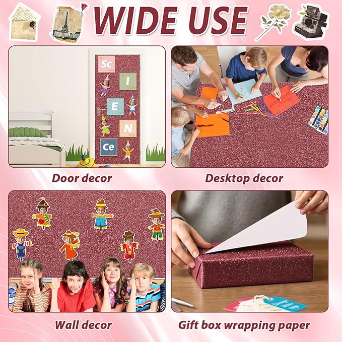 Qyeahkj 17in x 20ft Glitter Bulletin Board Paper Roll Bulletin Board Background Paper Fade Resistant Classroom Decoration Poster Art Craft Home Wall Education Decor Supplies Wine Red