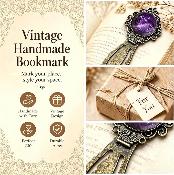 2Pcs Vintage Natural Crystal Stone Bookmark- Fantasy Amethyst Rose Quartz Bookmarks&Amethyst Brass Metal for Reading Women, Men, Book Lovers, Girls and Teachers Book Marks(Rose Quartz&Purple)