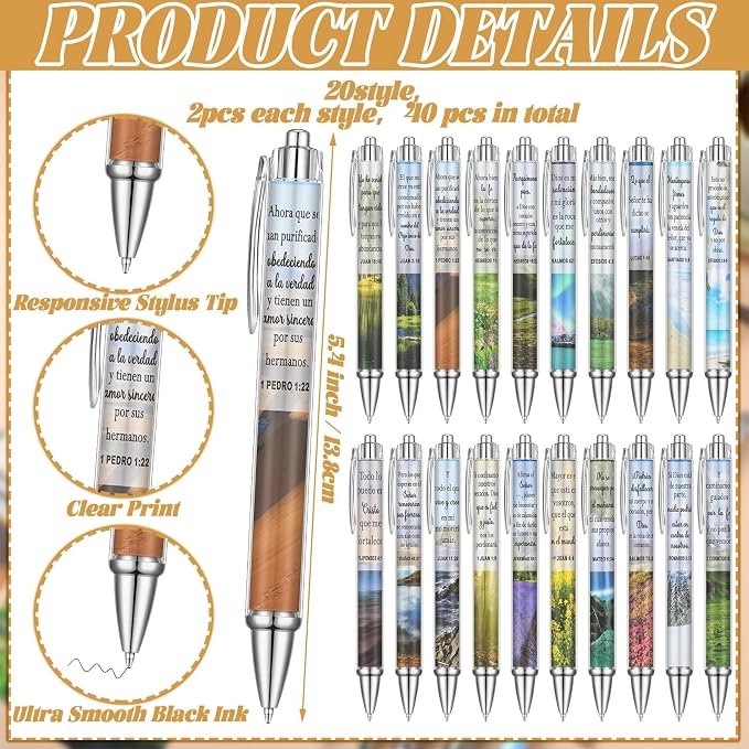 40 Set Spanish Christian Gift Bulk Bible Verse Ballpoint Pen Religious Scripture Bookmark Regalos Cristianos En Español Regalos Cristiano para Mujer Inspirational Biblical Gift for Men Women(Scenery)