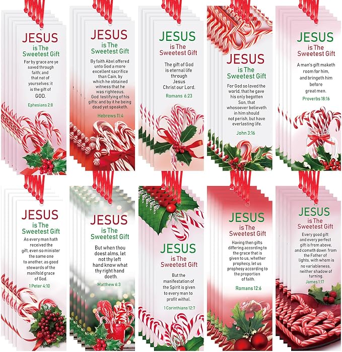 Cholemy 200 Pcs Jesus is The Sweetest Gift Bookmarks Christmas Christian Paper Bookmark Bible Candy Cane Religious Inspirational Bookmarks for Sunday School Classroom Reading Rewards