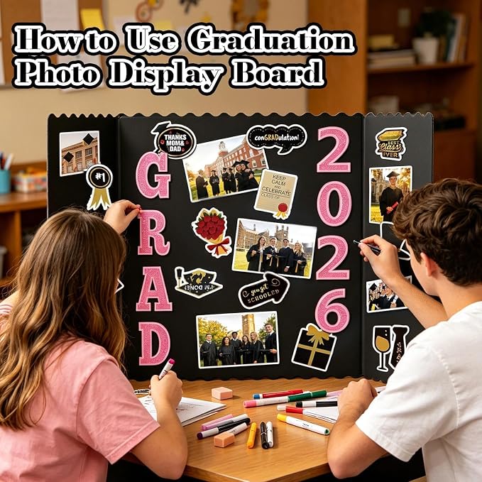 4 Set Graduation Photo Trifold Poster Board, Class of 2026 Graduation Picture Display Boards with Colorful Grad Stickers, Photo Display Board for Grad Party Multiple Pictures Table Decor, 24 x 16 Inch