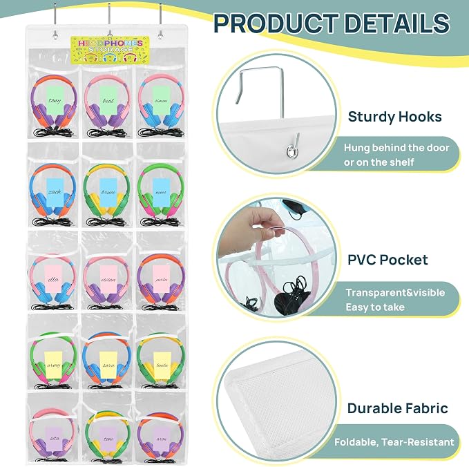 [2-Pack] Classroom Headphone Storage Organizer - 30 Pockets Over The Door Hanging Chart | Durable Headset Holder for Teachers | Clear PVC Pockets | School Supplies & Cell Phone/Calculator Storage