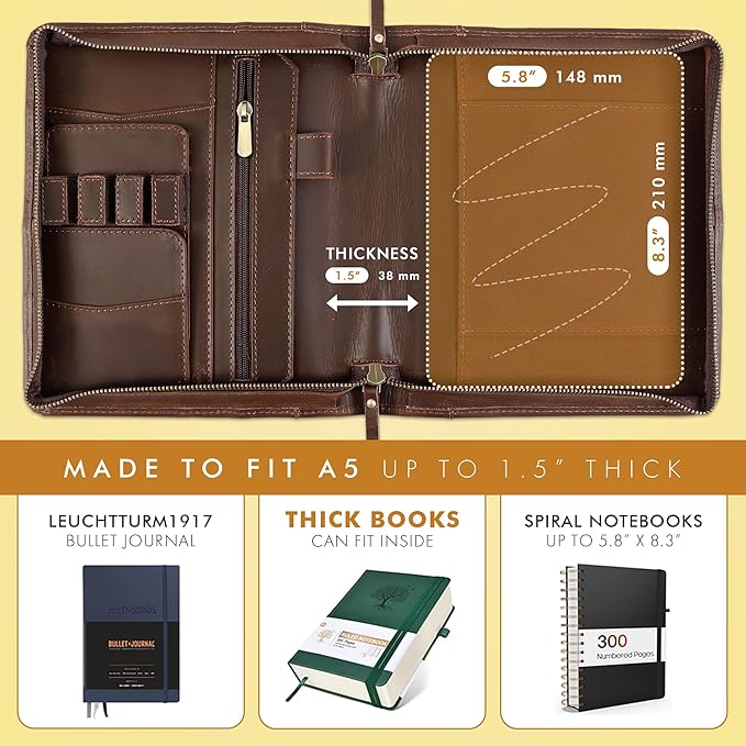 ELIZO Leather A5 Portfolio Padfolio Folio A5 Notebook Journal Cover Planner Binder Small Mens Business Work Folder Organizer (Buff)