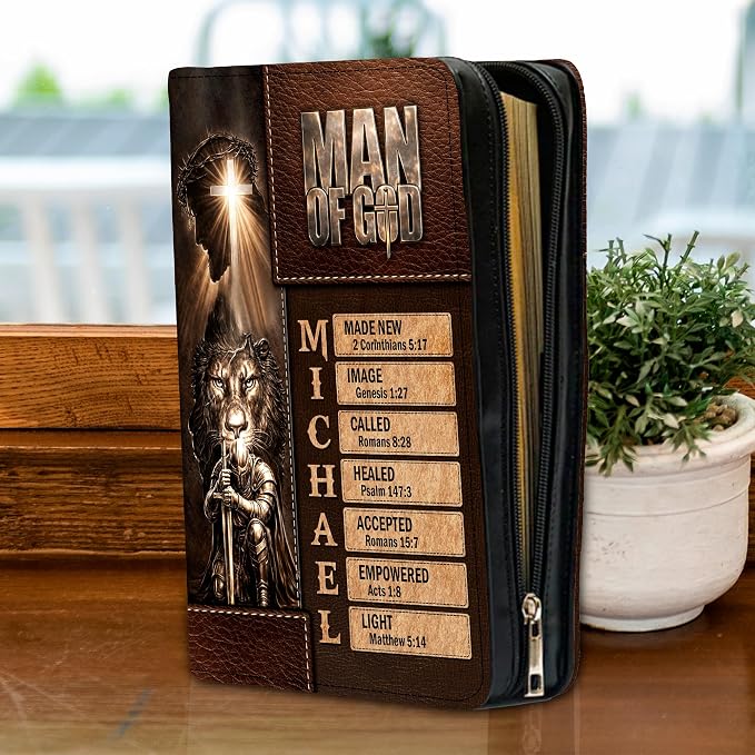 Personalized Man of God Bible Cover, God Says I Am Bible Case PU Leather, Bible Holder Handle Zipper, Faith Scripture with Name Case Bag, Religious Gifts for Church Christians Women Men (05)