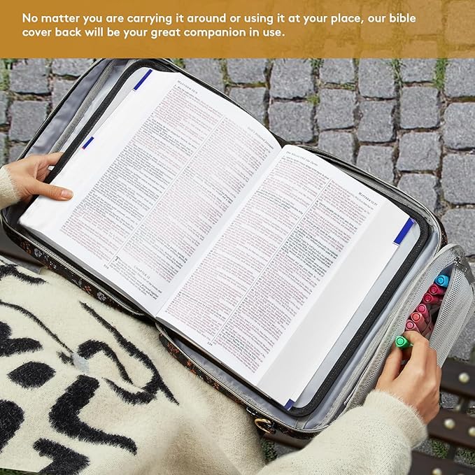 Derstuewe Bible Cover, Bible Cover Case for Women – Stylish & Durable Zippered Bible Bag with Handle & Pocket, Fits Standard & Large Bibles, Perfect for Church, Travel, Study & Gifts, Black Flower