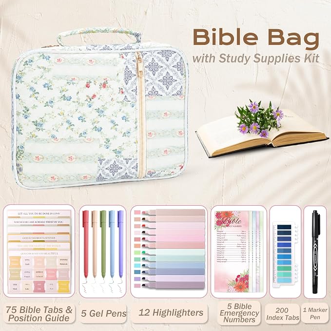 XKDOUS Bible Cover for Women Church Book Holder Quilted Carrying Case with Handle, Tabs, Study Supplies Portable Bible Bag Journaling Kit Christian Gifts for Mom Lady