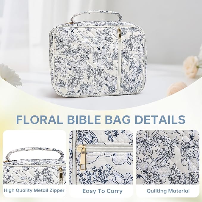 Bible Cover Case for Women Large Bible Cover with Durable Handle Quilted Bible Carrying Case for Girls Bible Study Supplies Accessories (Big Blue Flower, Big Blue Flower)