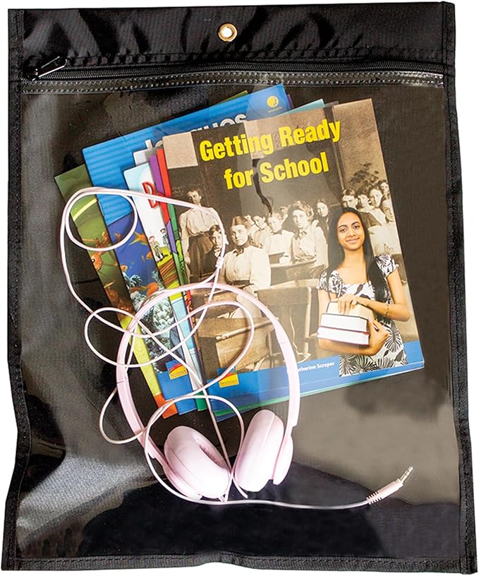 Media Pouch and Nylon Tote Bag for Books, Headphones, and School Accessories, Heavy Duty Travel Storage for Classroom or Library (Black, 17.75" x 14.25")