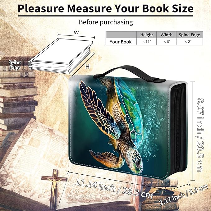 Bible Cover for Men Women,Large Leather Bible Case Fit Book Up to 11x8x2 Inch,Green Sea Turtle Bible Covers Bible Study Carrier Church Bags w/Handle & Zipper