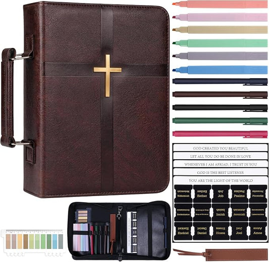 XKDOUS Bible Bag with Cross Design for Men Leather Bible Cover Church Book Holder Organizer Large Carrying Case with Pens, Tabs, Study Supplies Father Day Christian Gifts for Dad, Mom, Women, Lady