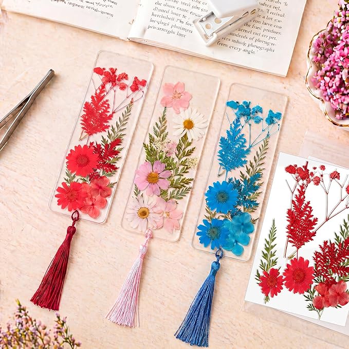 Fuyoooo 61 Pcs Dried Flower Bookmark Making Kit, DIY Bookmark Laminating Pouches with Tassels and Puncher, Handmade Craft Kit for Women, DIY Gifts for Book Lovers (Red Pink Blue,2 x 6 Inch)