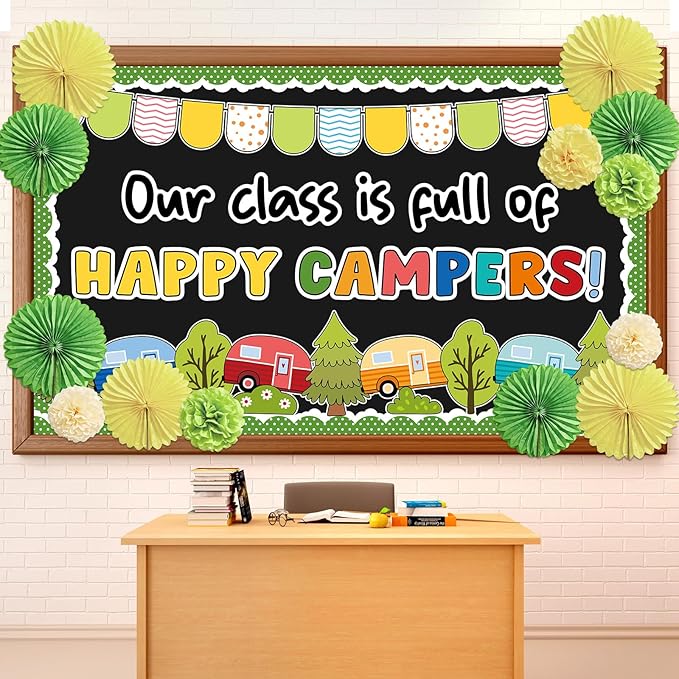 Summer Camping Bulletin Board Decorations Set with 3D Tissue Paper Flower Paper Fan Camping Theme Classroom Bulletin Board Border Set Vintage Trailer Cutouts for Woodland School Chalkboard Supplies