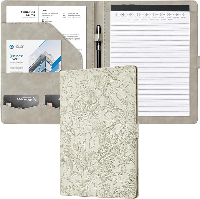 Mymazn Padfolio Portfolio Binder, Faux Leather Interview Resume Folder with Document Organizer & Business Card Holder, Letter-Sized Notepad Legal Pad Holder for Women Men (Grey)
